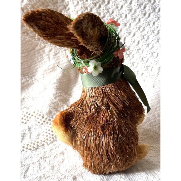 Pier 1 Adorable Straw Bunny With Green Ribbon Bow & Floral Crown Spring - Picture 3 of 7
